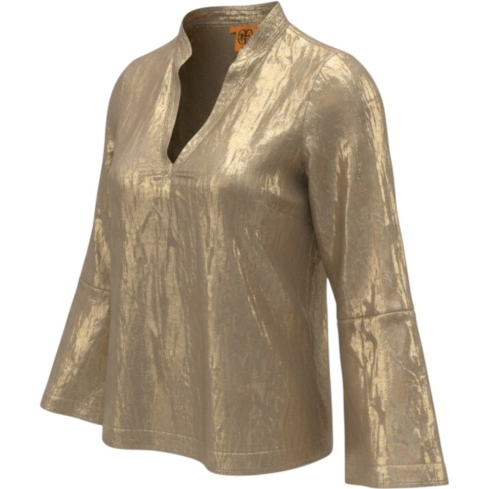 Tory Burch caspian Lame Metallic Silk Blend V-Neck Tunic Blouse Womens 6 s m